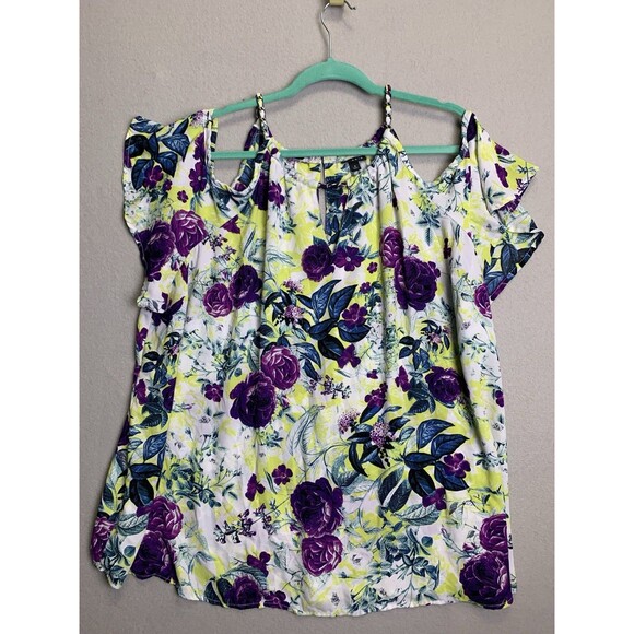Torrid Georgette Chain-Link Cold Shoulder Boho Blouse Size 4 Purple Green Floral - Picture 1 of 7